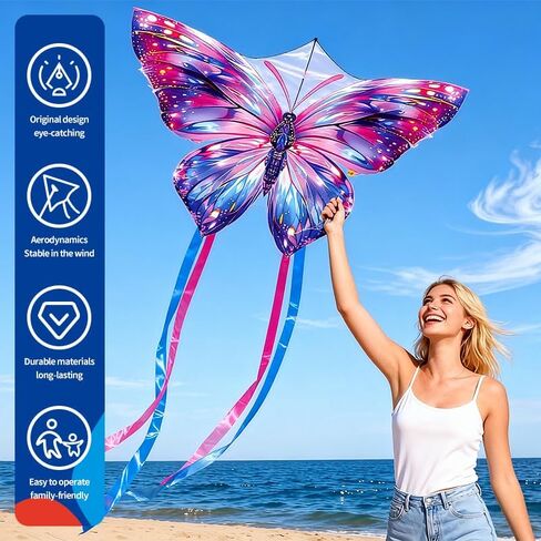 XIAOYAOJIN Butterfly Kite for Kids Ages 4-8 & Adults, 31x22 Large Beginner Easy to Fly Beach Kite, Includes 300ft Line Handle, Outdoor Family Fun, Great for Kids Boys Girls. in Saudi Arabia
