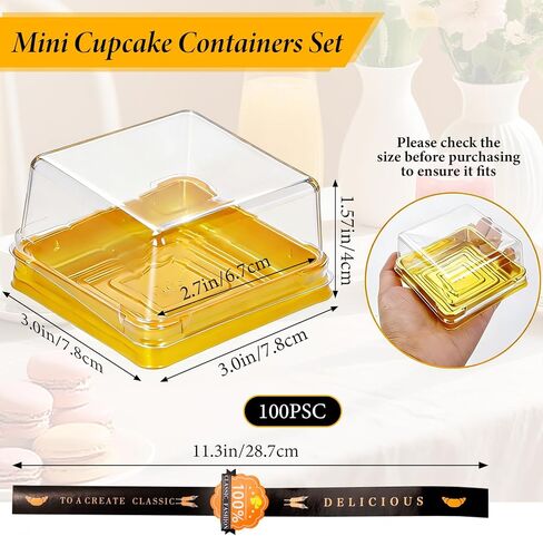 WCHOSOZH 100Pcs Mini Cupcake Containers Set, Individual Cake Box with Clear Lids and Stickers, Square Single Dessert Containers, Golden Packaging Boxes for Mooncake Cookie Muffin Party (2.7") in Saudi Arabia