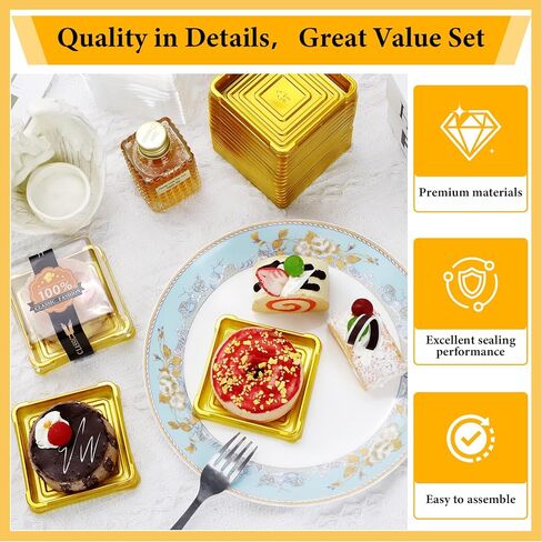 WCHOSOZH 100Pcs Mini Cupcake Containers Set, Individual Cake Box with Clear Lids and Stickers, Square Single Dessert Containers, Golden Packaging Boxes for Mooncake Cookie Muffin Party (2.7") in Saudi Arabia