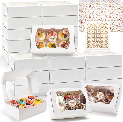 30 Pack Bakery Boxes with Window, 9.5"×6"×3" Cookies Box with Wax Paper, Paperboard Pie Cake Treat Boxes with 30 Stickers, Bakery Gift Box Container for Dessert Mini Cake Pastry Birthday in Saudi Arabia