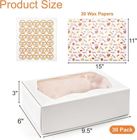 30 Pack Bakery Boxes with Window, 9.5"×6"×3" Cookies Box with Wax Paper, Paperboard Pie Cake Treat Boxes with 30 Stickers, Bakery Gift Box Container for Dessert Mini Cake Pastry Birthday in Saudi Arabia