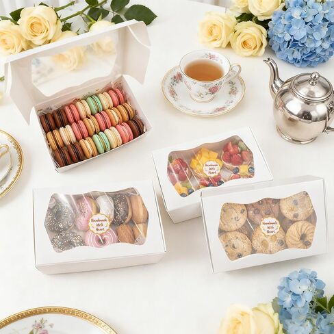 30 Pack Bakery Boxes with Window, 9.5"×6"×3" Cookies Box with Wax Paper, Paperboard Pie Cake Treat Boxes with 30 Stickers, Bakery Gift Box Container for Dessert Mini Cake Pastry Birthday in Saudi Arabia