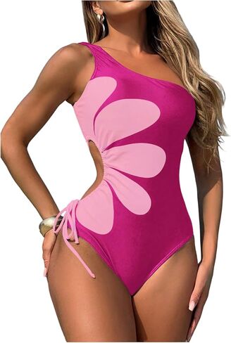 OYOANGLE Women's One Piece Swimsuit Floral Cut Out Drawstring One Shoulder Bathing Suit Beachwear in Saudi Arabia