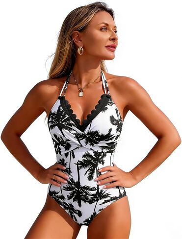 Women's Halter One Piece Swimsuit, Tummy Control Palm Tree Print Bathing Suit with Scalloped Trim in Saudi Arabia