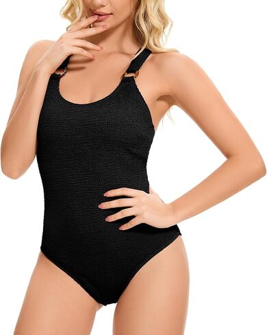 Women's One Piece Swimsuit Solid Ribbed O Ring Wide Straps Scoop Neck Slimming Bathing Suit High Cut Cheeky Swimwear in Saudi Arabia