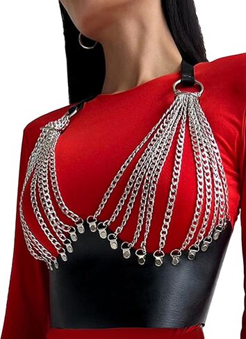سترة نسائية من سلسلة Punk Chain، سلسلة جسم من الجلد الصناعي قابلة للتعديل مع أجزاء معدنية للمهرجانات والحفلات والحفلات والمسرح (تناسب الجزء السفلي من الصدر 32.2-33.5 بوصة) in Saudi Arabia