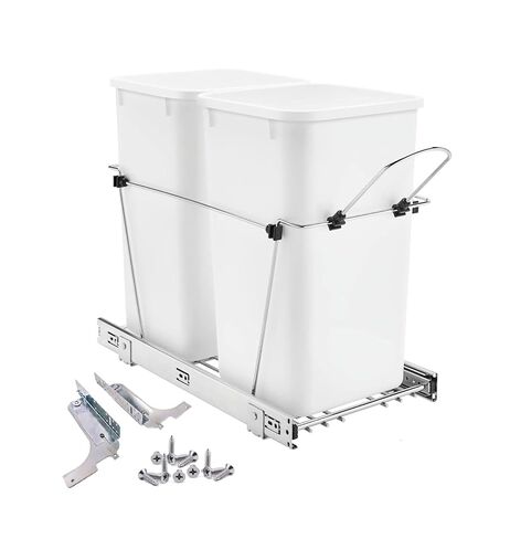 Trash Can Pull Out, Complete Set. Including 2 White Trash Can 35 QT, 1 Pair of Brackets, Mounting Screw. For Under Kitchen Cabinet with Bottom Mount BB Slide, Garbage Bin on Full-Extension Slides. in Saudi Arabia