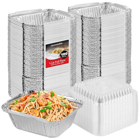 2 Lb Small Aluminum Pans with Lids (100 Pack) Foil Pan + Clear Plastic Lid, Disposable Cookware, Takeout Trays with Lids - to Go Disposable Food Containers for Restaurants & Catering, Stock Your Home in Saudi Arabia