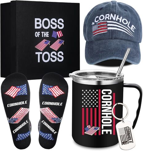 Geiserailie 5 Pcs Cornhole Gift Set for Boss of Toss Funny Cornhole Gifts Include Stainless Steel Insulated Tumbler Baseball Cap Socks Keychain with Gift Box for Office Employees Work from Home in Saudi Arabia