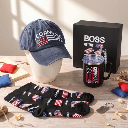Geiserailie 5 Pcs Cornhole Gift Set for Boss of Toss Funny Cornhole Gifts Include Stainless Steel Insulated Tumbler Baseball Cap Socks Keychain with Gift Box for Office Employees Work from Home in Saudi Arabia