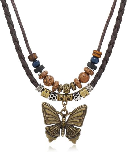 Boho Necklace for Women,Vintage Butterfly Pendant Necklaces,Adjustable Wooden Beads Layered Braided Choker,Fashion Tribal Style Leather Rope Necklace Jewelry,Chunky Statement Gift for Women in Saudi Arabia