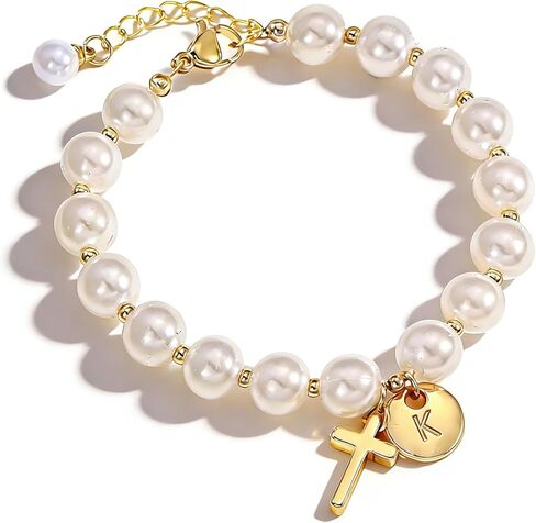 Cross Initial Bracelet Dainty Gold Cross Pearl Bracelet with Letter A-Z Christian Baptism Gifts Religious Faith Jewelry Stocking Stuffers for Teens in Saudi Arabia
