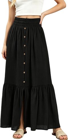 Women Summer Casual Smocked Long Flowy Maxi Skirt Boho Button Accent High Waist Tiered Split Skirt with Pockets in Saudi Arabia