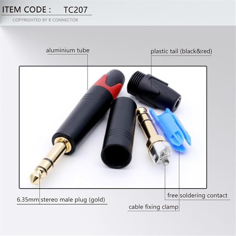 2PCS Jack 6.35MM 3Pole Stereo Male Plug Connector Aluminum Tube Brass 1/4 Inch Microphone Plug Audio Cable Connector(Red) in Kuwait