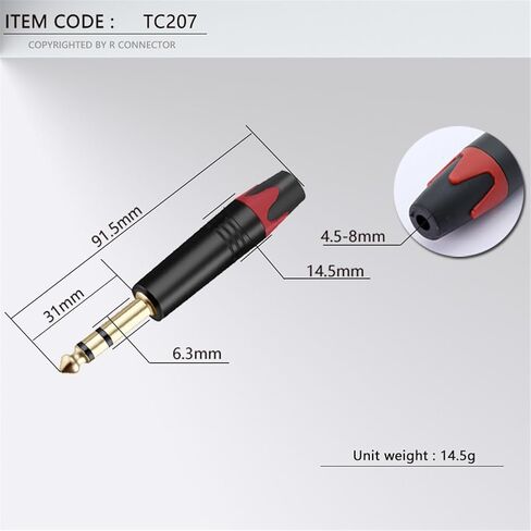 2PCS Jack 6.35MM 3Pole Stereo Male Plug Connector Aluminum Tube Brass 1/4 Inch Microphone Plug Audio Cable Connector(Red) in Kuwait