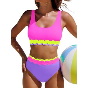popvil High Waisted Bikini Sets for Women Two Piece Swimsuit Neon Scalloped Trim Bathing Suit for Beach Vacation 2026 in Kuwait