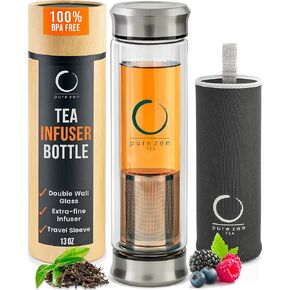 Pure Zen Tea Infuser Bottle - Double Wall Glass Travel Mug with Stainless Steel Filter - Leakproof Tea Tumbler with Infuser for Loose Leaf Infusions and Fruit Infused Water - Unique Gift Set - 13 oz in Saudi Arabia