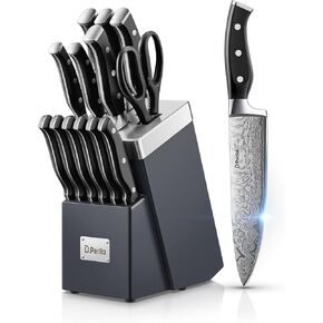 Knife Set, D.Perlla Kitchen Knife Set with Advanced Self-Sharpening Technology, 14 Piece Waved Texture Knife Set with Block, High Carbon Stainless Steel Knife Block Set, Razor-Sharp, Full Tang Handle in Saudi Arabia