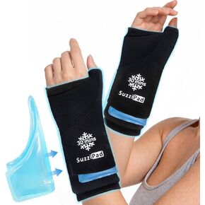 غلاف ثلج للمعصم مزدوج الجل من SuzziPad 2PK - 30 دقيقة + علاج بارد لنفق الرسغ والتهاب المفاصل والتهاب الأوتار، كم ضغط قابل للفصل لليد والإبهام والساعد - للكتابة المكتبية والتعافي في صالة الألعاب الرياضية، مقاس M in Kuwait