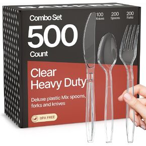 Bakken Disposable Cutlery Set 100 Pieces of Forks, Knives & Spoons, Heavy Duty Plastic Silverware, BPA-Free Food-Grade Materials, Heat-Resistant, Reusable Utensils for Parties and Everyday Use, Clear in Saudi Arabia