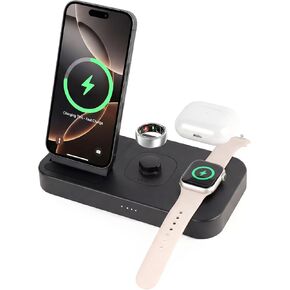 محطة شحن سريعة 4 في 1 لشاحن Oura Ring Gen3، شاحن iPhone17/16/15/14/13/12، ساعة Apple، AirPods، Samsung Galaxy S25/S24/S23/S22/S21، Galaxy Watch Buds (الحجم 8) in Kuwait
