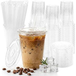 16 oz Clear Plastic Cups with Lids and Straws 100 Pack Iced Coffee Cups with Lids for Smoothie Iced Coffee Disposable Coffee and TO-GO Cups for Cold Drinks, Milkshake, Bubble Tea in Saudi Arabia