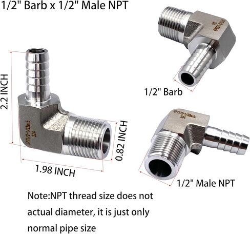 2 قطعة 1/2 "بارب × 1/2" ذكر NPT تركيبات خرطوم الفولاذ المقاوم للصدأ 90 درجة محولات الكوع لأنظمة الغازات والمياه والزيوت والوقود in Saudi Arabia