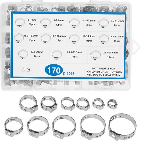 170Pcs Stainless Steel Single Ear Hose Clamp Flexible Adjustment Crimp Hose Clamp Kit Tight Connection Pipe Clip for Heater in Saudi Arabia