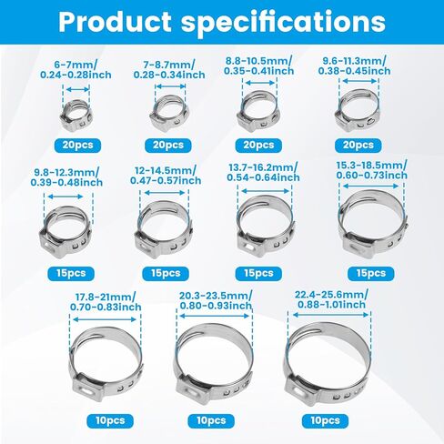 170Pcs Stainless Steel Single Ear Hose Clamp Flexible Adjustment Crimp Hose Clamp Kit Tight Connection Pipe Clip for Heater in Saudi Arabia