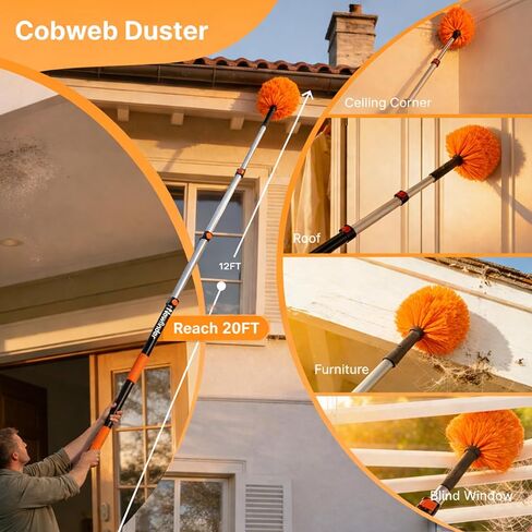 20ft High Ceiling Duster Kits with 4-12ft Heavy Duty Extension Pole, Ceiling Fan Duster, Cobweb Duster, Microfiber Duster, Window Squeegee & Cleaner, Wall Mop for Home & House Cleaning in Saudi Arabia