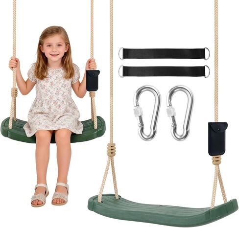 Kids Tree Swing Seat with Tree Straps and Carabiners, Heavy Duty Ergonomic Straight Swing Set for Backyard, Indoor & Outdoor Rope Swing, 264 lbs，Green in Kuwait