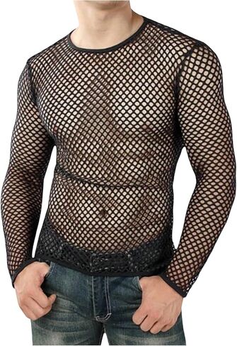 Milumia Men Fishnet Mesh T Shirt Long Sleeve Crewneck See Through Rave Party Tops in Saudi Arabia