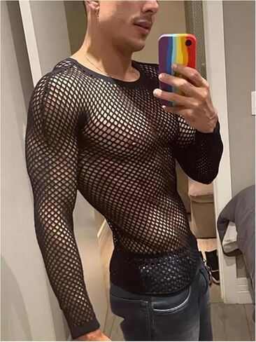 Milumia Men Fishnet Mesh T Shirt Long Sleeve Crewneck See Through Rave Party Tops in Saudi Arabia