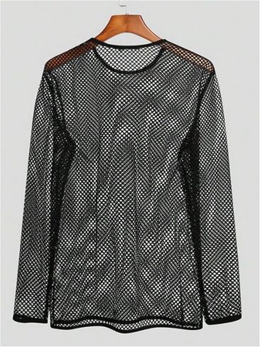 Milumia Men Fishnet Mesh T Shirt Long Sleeve Crewneck See Through Rave Party Tops in Saudi Arabia