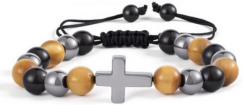 Cross Bracelet for Men Tigers Eye Beaded Bracelets Crystal Stone Bracelets for Women Triple Protection Healing Jesus Bracelet Christian Gifts for Men in Saudi Arabia