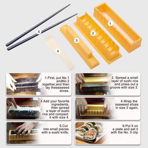 صانع السوشي، مجموعة قوالب السوشي DIY - مجموعة صنع السوشي سهلة، مع عيدان تناول الطعام، تساعد على صنع السوشي على شكل دائري in Kuwait