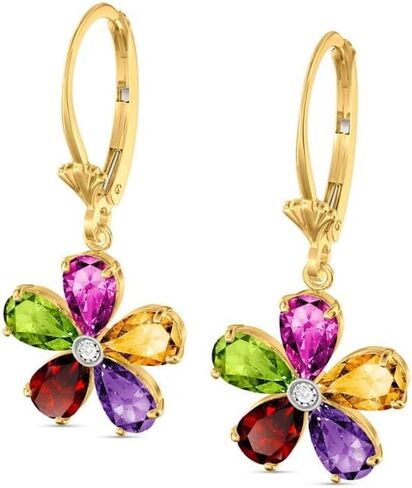 Galaxy Gold GG 14k Solid Yellow Gold Leverback Flower Earrings with Multi-Gemstones in Saudi Arabia