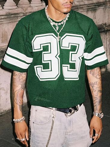 Men's Oversized Mesh Football Jersey T-Shirt - Vintage Graphic Print Short Sleeve Tee Y2K Streetwear Hip Hop Top in Saudi Arabia