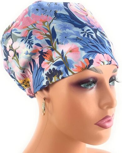 European Style Scrub Cap - No Ribbon – Blooming Garden in Santorini - Scrub Hat for Women & Men tie Back | Working Cap with Holder. Scrub Hats for Women, Nurses Hats | Dr. Hats in Saudi Arabia