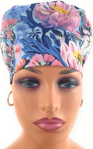 European Style Scrub Cap - No Ribbon – Blooming Garden in Santorini - Scrub Hat for Women & Men tie Back | Working Cap with Holder. Scrub Hats for Women, Nurses Hats | Dr. Hats in Saudi Arabia