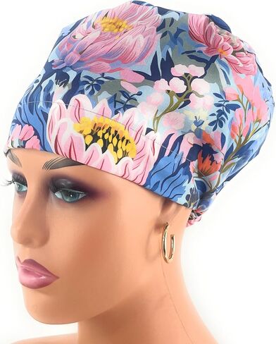European Style Scrub Cap - No Ribbon – Blooming Garden in Santorini - Scrub Hat for Women & Men tie Back | Working Cap with Holder. Scrub Hats for Women, Nurses Hats | Dr. Hats in Saudi Arabia