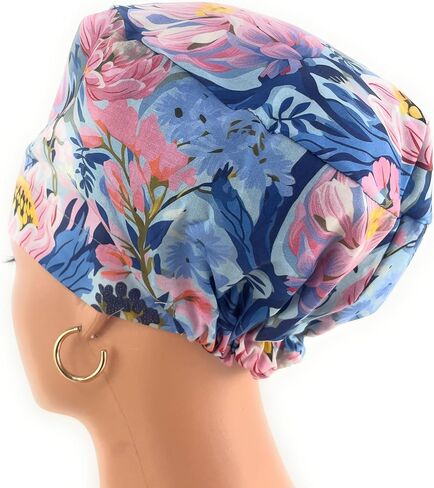 European Style Scrub Cap - No Ribbon – Blooming Garden in Santorini - Scrub Hat for Women & Men tie Back | Working Cap with Holder. Scrub Hats for Women, Nurses Hats | Dr. Hats in Saudi Arabia