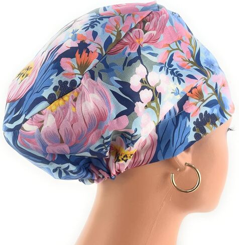 European Style Scrub Cap - No Ribbon – Blooming Garden in Santorini - Scrub Hat for Women & Men tie Back | Working Cap with Holder. Scrub Hats for Women, Nurses Hats | Dr. Hats in Saudi Arabia