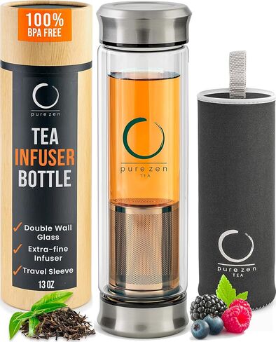 Pure Zen Tea Infuser Bottle - Double Wall Glass Travel Mug with Stainless Steel Filter - Leakproof Tea Tumbler with Infuser for Loose Leaf Infusions and Fruit Infused Water - Unique Gift Set - 13 oz in Saudi Arabia