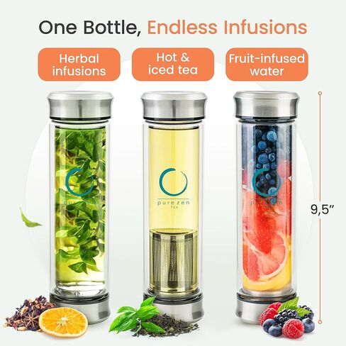 Pure Zen Tea Infuser Bottle - Double Wall Glass Travel Mug with Stainless Steel Filter - Leakproof Tea Tumbler with Infuser for Loose Leaf Infusions and Fruit Infused Water - Unique Gift Set - 13 oz in Saudi Arabia