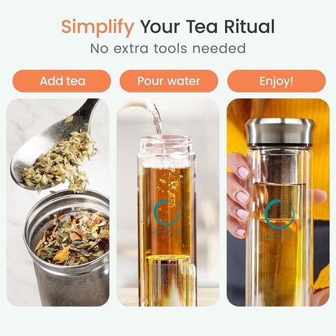 Pure Zen Tea Infuser Bottle - Double Wall Glass Travel Mug with Stainless Steel Filter - Leakproof Tea Tumbler with Infuser for Loose Leaf Infusions and Fruit Infused Water - Unique Gift Set - 13 oz in Saudi Arabia