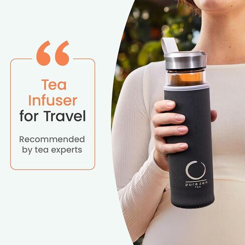 Pure Zen Tea Infuser Bottle - Double Wall Glass Travel Mug with Stainless Steel Filter - Leakproof Tea Tumbler with Infuser for Loose Leaf Infusions and Fruit Infused Water - Unique Gift Set - 13 oz in Saudi Arabia