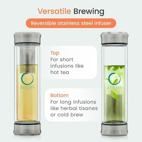 Pure Zen Tea Infuser Bottle - Double Wall Glass Travel Mug with Stainless Steel Filter - Leakproof Tea Tumbler with Infuser for Loose Leaf Infusions and Fruit Infused Water - Unique Gift Set - 13 oz in Saudi Arabia