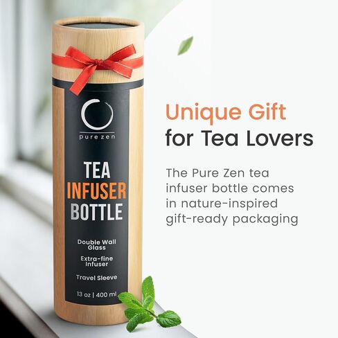 Pure Zen Tea Infuser Bottle - Double Wall Glass Travel Mug with Stainless Steel Filter - Leakproof Tea Tumbler with Infuser for Loose Leaf Infusions and Fruit Infused Water - Unique Gift Set - 13 oz in Saudi Arabia