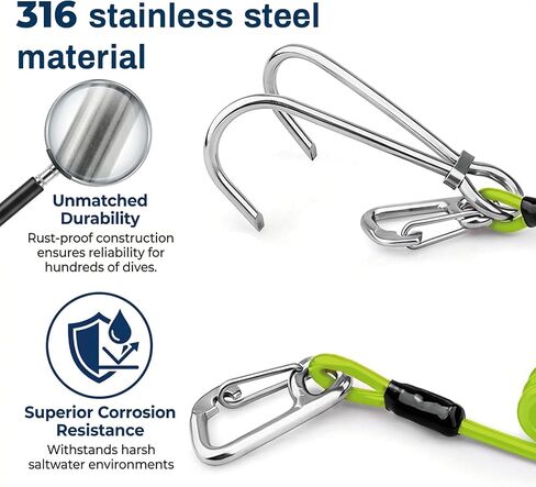 Scuba Diving Reef Hook - 316 Stainless Steel Double Reef Cord Hook with Anti-seawater Corrosion & Retractable Lanyard for Dive Safety in Saudi Arabia